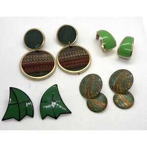 Vintage Lot of 4 Pairs Green Gold Tone Dangle Hoop Star Pierced Earrings 80s 90s